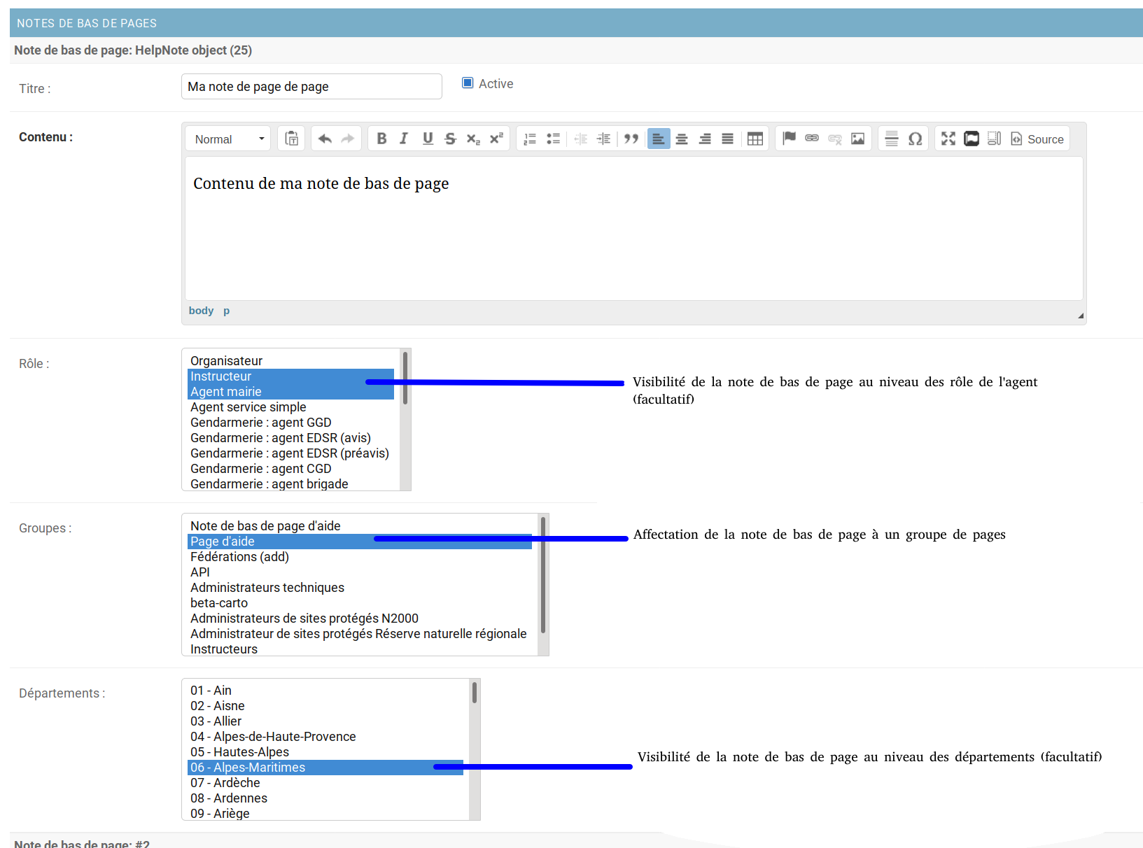 Capture d'écran représentant l'interface administrateur pour éditer les notes de bas de page de la plateforme