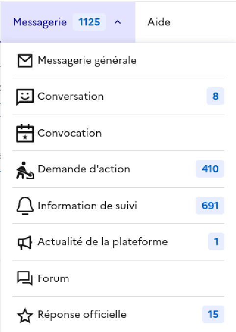 Capture d'écran des compteurs de la messagerie de la plateforme